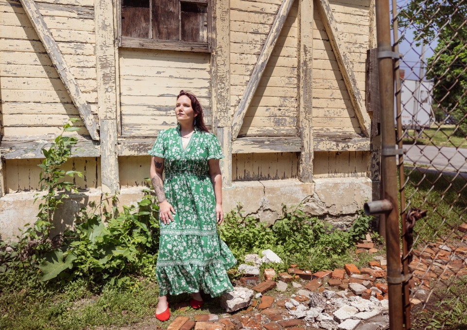 Emily Jarnot in front of Vaux Barn